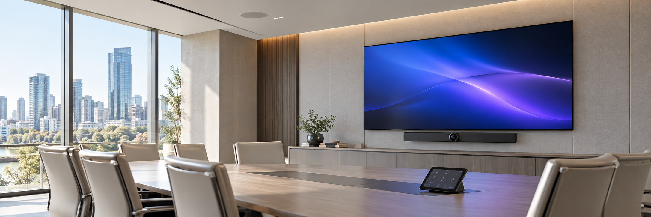 Illustrative meeting room with a large display, video conferencing camera and touch control